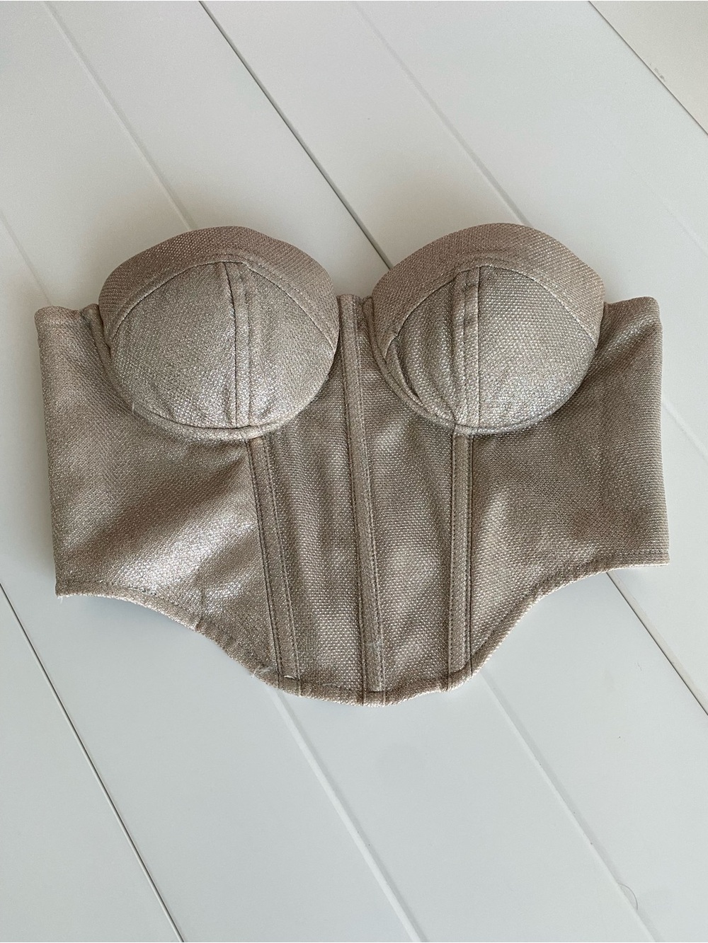 Meshki Strapless Metallic Bustier Top in Champagne